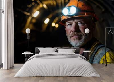 A miner wearing a safety uniform with a headlamp, standing inside a dark tunnel, showcasing mining safety. Wall mural