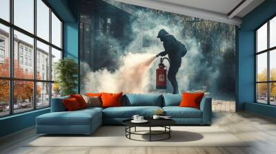 A person using a fire extinguisher in an outdoor area, with smoke rising as the fire is being put out, illustrating fast response to emergencies. Wall mural