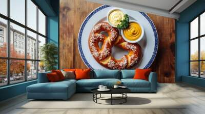 A single Bavarian pretzel served on a white plate with mustard and cheese dips, set against a wooden table backdrop in a traditional setting. Wall mural