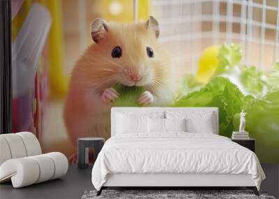 A small hamster nibbling on a piece of fresh lettuce, sitting in the corner of its colorful cage. Wall mural