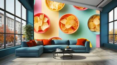 A variety of flavored potato chips in different shapes and textures, displayed in colorful bowls. Wall mural