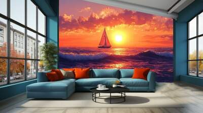 A vibrant sunset over the ocean, with a silhouetted sailboat gliding across the horizon and waves reflecting the golden light. Wall mural