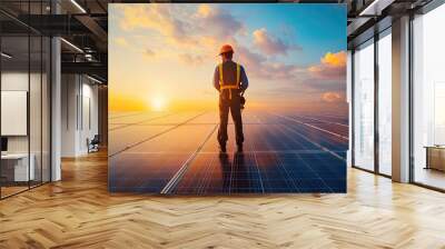 An engineer inspecting solar panels on a rooftop, with the sun setting in the background, symbolizing innovation in renewable energy. Wall mural