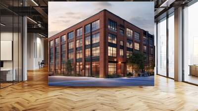 An older brick warehouse building repurposed as loft apartments in the heart of downtown, blending historic and modern design. Wall mural