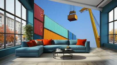 Cargo containers stacked at an international shipping port, large cranes loading freight onto a cargo ship under a clear sky --chaos Wall mural