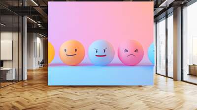 Colorful emotion balls with a range of expressions, including joy, anger, and surprise, on a soft gradient background for a lively look --chaos Wall mural