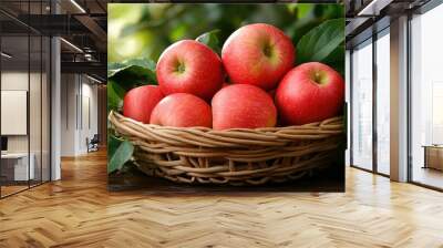 Fresh red apples sitting in a wicker basket, surrounded by green leaves, evoking a feeling of freshness and health Wall mural