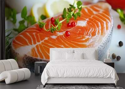 High-quality raw salmon fish steak with bright orange color, marbled texture, isolated on white, capturing freshness and culinary appeal Wall mural