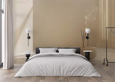 Incense stick with delicate smoke swirling in a modern, minimalistic room with neutral tones. Wall mural