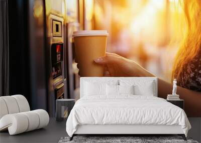 Woman taking a paper cup of coffee from a vending machine, with warm lighting and modern office background creating a relaxed, casual moment. Wall mural