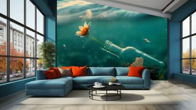 flower and letter in ther bottle floating in blue ocean (1) Wall mural