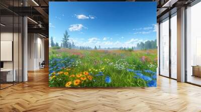 A beautiful meadow filled with vibrant wildflowers under a clear blue sky on a sunny day. The perfect representation of nature's beauty. Wall mural