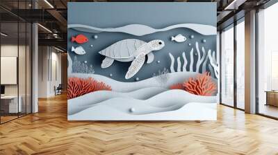 A beautiful paper cut-out scene depicting a swimming turtle surrounded by colorful corals and fish in an underwater world. Wall mural