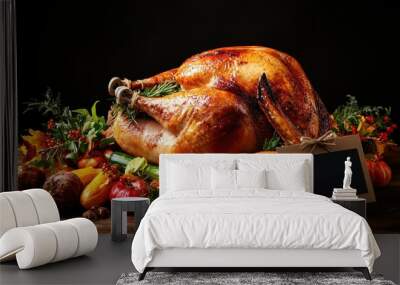 A beautifully roasted turkey garnished with fresh vegetables, perfect for festive celebrations and holiday feasts. Wall mural