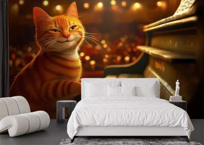 A cheerful orange cat plays a piano, bringing joy to the audience with its musical talent in a cozy, warm setting. Wall mural