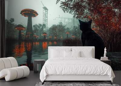 A mysterious black cat gazes at glowing structures by a tranquil water body, creating an enchanting and surreal atmosphere. Wall mural