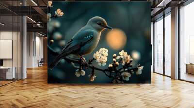 A serene bird perched on a blooming branch, capturing the beauty of nature in soft light. Wall mural