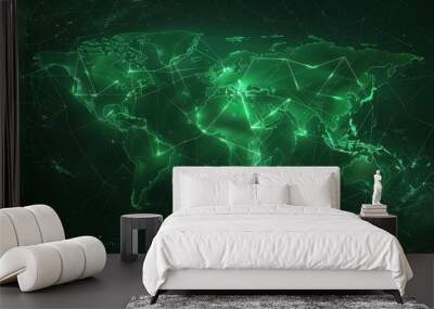 A stylized digital world map with pulsating data streams flowing across continents, against a dark, matrixstyle background Wall mural