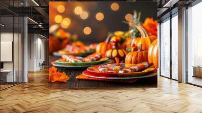 A vibrant autumn table setting featuring colorful pumpkins, festive plates, and fall leaves, perfect for Thanksgiving celebrations. Wall mural