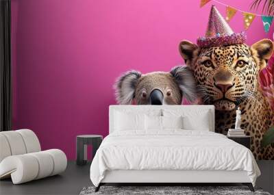 A whimsical scene featuring a koala and a leopard celebrating together in colorful party attire against a vibrant background. Wall mural