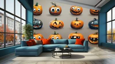 Collection of twelve playful and spooky Halloween pumpkins with various facial expressions on a neutral background. Wall mural