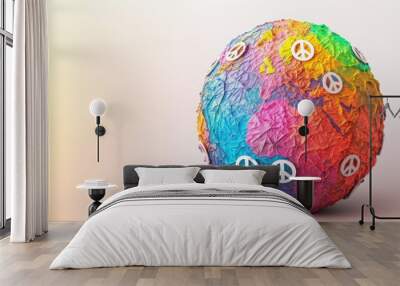 Colorful globe with peace symbols, representing global unity and harmony. Bright and artistic concept, ideal for peace and equality themes. Wall mural