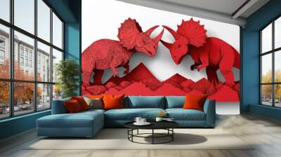 Dynamic paper art featuring two red dinosaur sculptures engaged in a playful confrontation against a vibrant backdrop. Wall mural