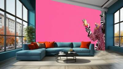 Fun and colorful illustration featuring an animal in a suit holding an ice cream cone against a bright pink background. Wall mural