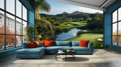 Lush green golf course surrounded by palm trees and peaceful water reflections under a blue sky. Wall mural