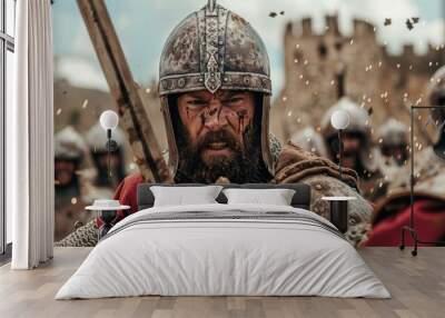 Medieval warrior engaging in fierce battle with sword and armor in front of a historic castle during a dramatic moment. Wall mural