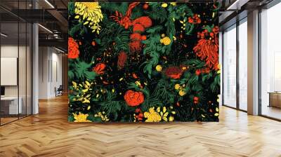 seamless pattern, Vibrant floral pattern featuring red, yellow, and green elements on a dark background, perfect for textile designs and wallpapers. Wall mural