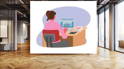 Female employee typing on the laptop. Backside view. Simple flat illustration Wall mural