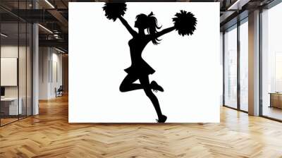 A black silhouette of a cheerleader jumping in the air with pom poms in her hands. Wall mural