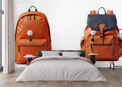 Two stylish orange backpacks on white background Wall mural