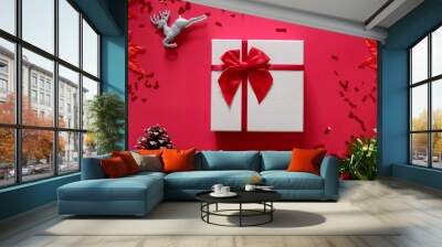 top view of gift box on red background with Christmas decoration Wall mural