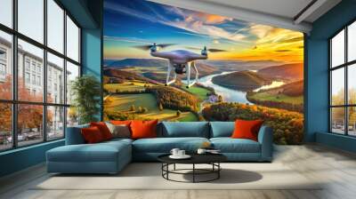 Aerial view of drone equipped with GPS technology surveying a scenic landscape from above Wall mural