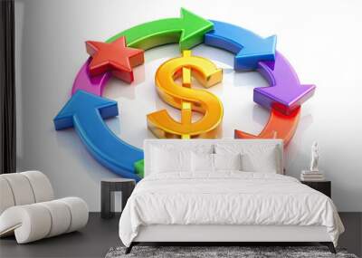 Colorful 3D Illustration of a Rebate Concept with Arrows and Dollar Signs on a White Background Wall mural