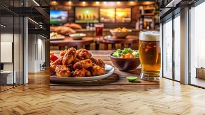 Delicious Chicken Wings and Beer with Football Game Background Wall mural