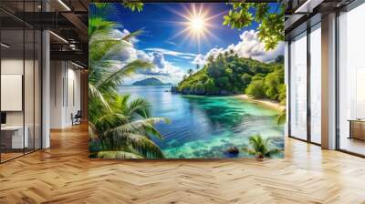 Lush Jungle Meets Serene Sea: A Vibrant Tropical Landscape Under Clear Blue Skies and Sunshine Wall mural