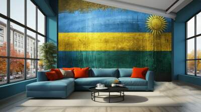 Rwanda Flag in Metallic Brush Paint on Grunge Dark Wall - Panoramic Photography, Artistic Texture, National Symbol, Vibrant Colors, Abstract Background, Modern Art, Cultural Representation Wall mural