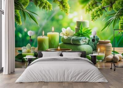 Tranquil Spa Compositions in Green Watercolor Style for Relaxation and Wellness Wall mural