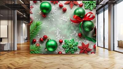 Vibrant red and green festive holiday background with snowflakes, ornaments, and ribbons, perfect for seasonal Wall mural