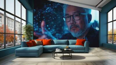 Mature Asian Man Analyzing Data in Futuristic Interface Wall mural