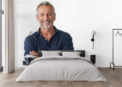 Middle-Aged Man in Dark Blue Shirt Smiling on White Background Wall mural