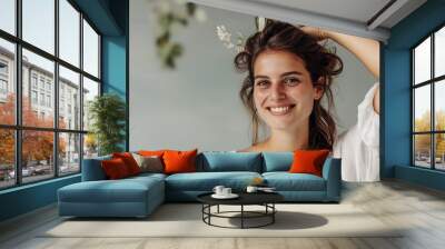 Smiling Woman with Eco-Friendly Decor and Plants on Head Wall mural