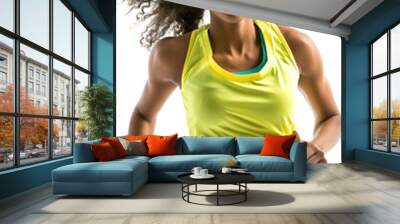 Young African American Female Runner in Bright Yellow Top and Turquoise Shorts Wall mural