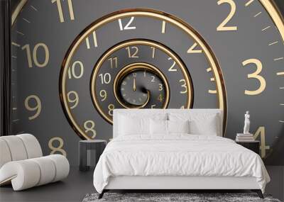 Infinity time. Golden old fashion clock with numerals Abstract time spiral effect. Digital generated An image of a nice spiral watch on a dark background. The concept of time. Wall mural