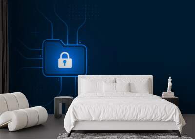 Cyber security illustration, lock file icon on circuit line, blue light on dark background copy space composition. Wall mural