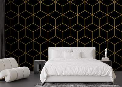 Isometric cube gold line seamless pattern on black background. Wall mural