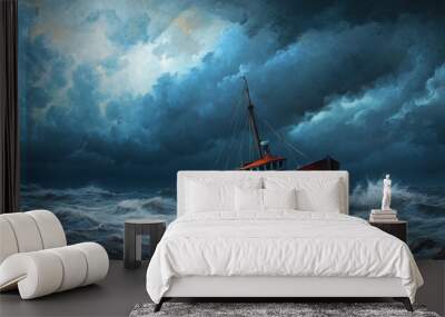 A resilient fishing boat battles stormy waves under a dramatic sky, capturing the essence of adventure and nature's power. Wall mural